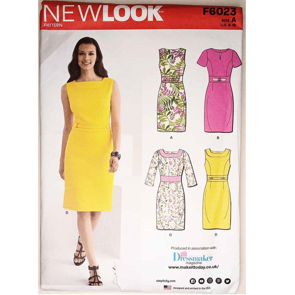 UNCUT New Look 6023 Summer Cap / Short  or 3/4 Sleeve and Sleeveless Shift Dress 4 Styles Sewing Pattern UK 6 8 10 12 14 16