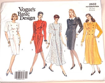 UNCUT Vintage Vogue Basic Design 2533 Tailored Double Breasted Fitted or Flare Dress 2 Lengths Sewing Pattern UK 12 14 16