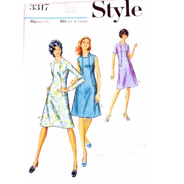 UNCUT Vintage Rare Style 3317 Stand Collar Square Neck Button Trim Fit and Flare Dress Sewing Pattern Size UK 16 Bust 38"