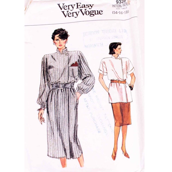 Part UNCUT Vintage Very Easy Very Vogue 9335 Stand Mandarin Nehru Collar Wrap Dress / Top & Skirt Sewing Pattern Sizes UK 14 16 18