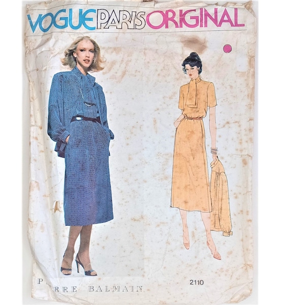 Vintage Vogue Paris Original 2110 Pierre Balmain Tie Bow Dress & Jacket Sewing Pattern UK 12 Bust 34" 87 cm