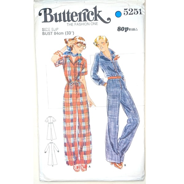 UNCUT Vintage Butterick 5251 The Fashion One Jumpsuit Overalls Boilersuit Romper Playsuit Sewing Pattern Small UK 10 Bust 33"