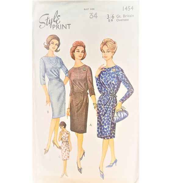 Rare Style 1454 Vintage 1960's Summer Sleeveless 3/4 or Long Sleeve Shift Slip Sheath Tea Wiggle Dress Sewing Pattern UK 12 Bust 34" 87 cm