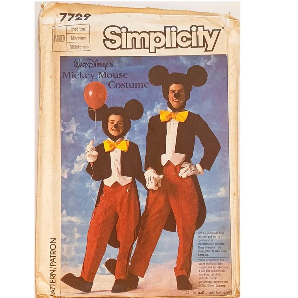 UNCUT Vintage Simplicity 7729 Walt Disney Mickey Mouse Theatrical Pantomime Costume Fancy Dress Sewing Pattern Size Medium