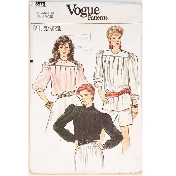 UNCUT Vintage Vogue 8578 Pleated Puff Sleeve and Pleated Yoke Over Shirt Blouse Sewing Pattern Size UK 12 14 16 Bust 34" 36" 38"
