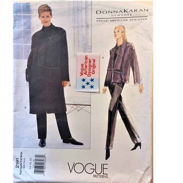 UNCUT Vogue American Designer 2191 Donna Karen Tie Front Coat or Jacket and Trouser Pant Sewing Pattern UK 14 16 18