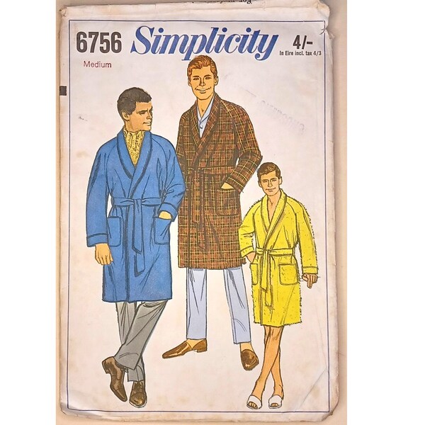 Vintage 1960's Simplicity 6756 Men's Shawl Collar Kimono Dressing Gown Bath Robe Smoking Jacket Sewing Pattern Medium Chest 38" - 40"