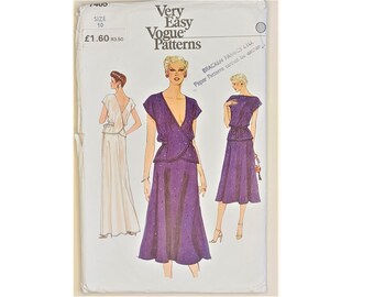 Rare Part UNCUT Vintage Very Easy Vogue 7405 Plunge Veck Neck Wrap Top Shirt & Mid Maxi Evening Flared Skirt Sewing Pattern UK 10