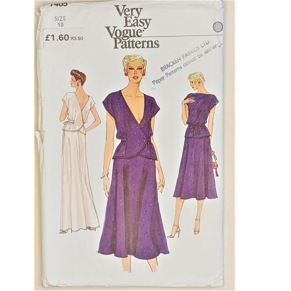 Pièce rare vintage très facile Vogue 7405 chemise cache-cœur plongeante à col en V et jupe évasée mi-longue patron de couture UK 10