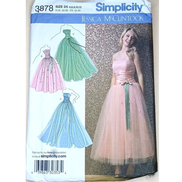 UNCUT Simplicity 3878 Jessica McClintock Strapless Bridesmaid Princess Prom Floaty Tulle Evening Gown Dress Sewing Pattern UK 4 6 8 10 12