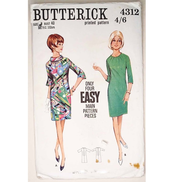 UNCUT Vintage 1960's Butterick 4312 Easy Semi Fitted Bias Rolled Collar or Round Neck 3/4 Sleeve Dress Sewing Pattern UK 18 Bust 40" 102 cm