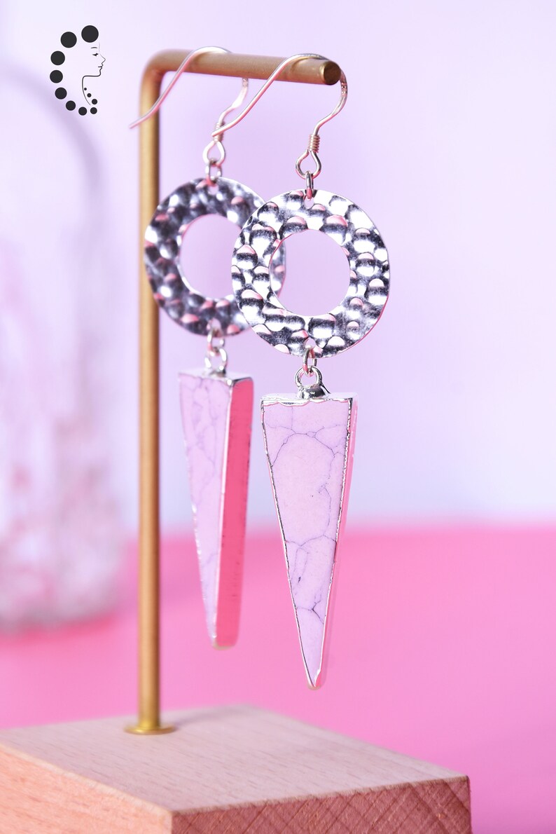 Synthetic turquoise earrings,Hammered silver disc earrings,Geometric earrings,Long earrings,Gemstone earrings,Dangle earrings,Gift for her