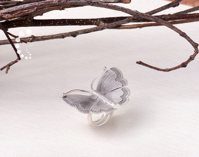Large Silver Butterfly Ring,Dainty Stacking Butterfly,Band Ring,Adjustable,Solid 925 silver Butterfly Jewelry,Statement Ring,Gift for her