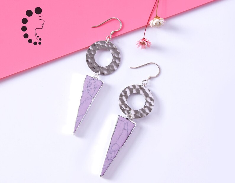 Synthetic turquoise earrings,Hammered silver disc earrings,Geometric earrings,Long earrings,Gemstone earrings,Dangle earrings,Gift for her