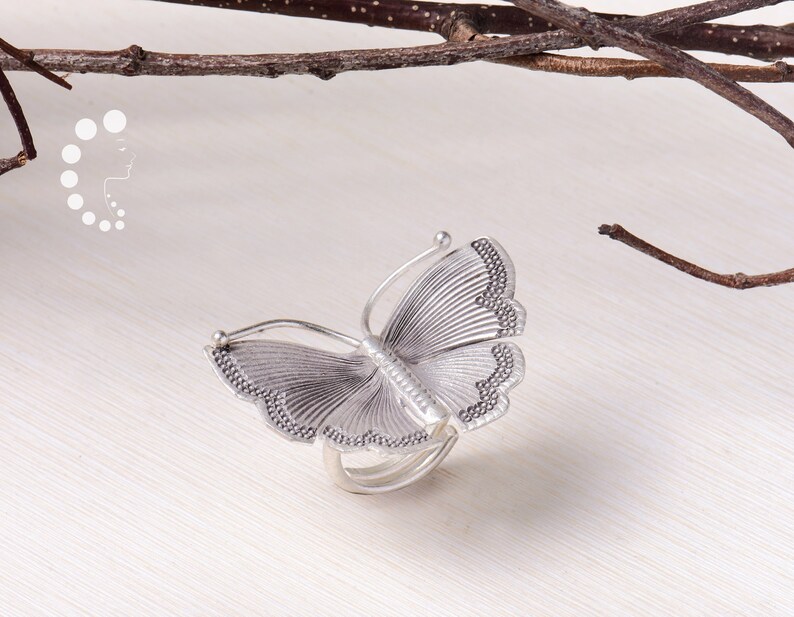 Large Silver Butterfly Ring,Dainty Stacking Butterfly,Band Ring,Adjustable,Solid 925 silver Butterfly Jewelry,Statement Ring,Gift for her