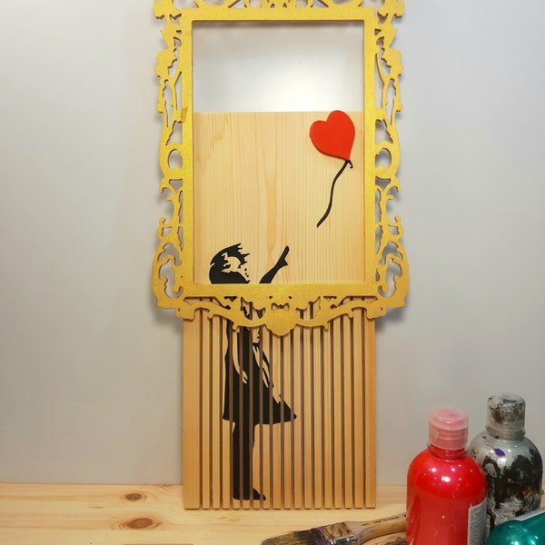 Liebe ist in der Tonne Shredded Banksy Ballon Mädchen - Banksy Holzkunst - Banksy Street Style Art - Mädchen mit herzförmigem Ballon