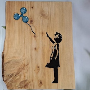 Cryptocurrency Art - XRP Balloon Girl Wooden Resin Art - Modern Wall Decor - Upward Bull Trend - Bitcoin Art - Ripple