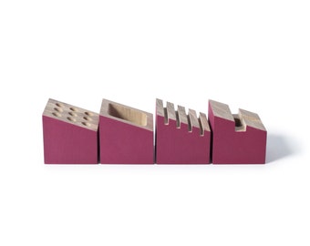 O Office storage modules with card holder, pencil holder and phone holder in oak wood and red color