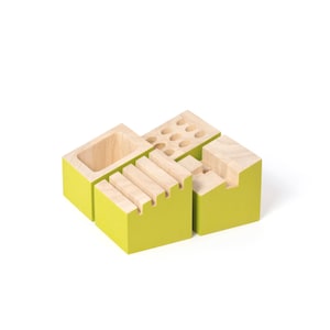 O Modules de rangement de bureau avec porte cartes, pot à crayons et support téléphone en bois d'hévéa et couleur vert