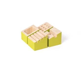 O Office storage modules with card holder, pencil holder and telephone holder in rubberwood and green color