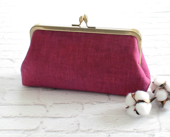 Linen Clutch Kiss Lock Purse Wine Colored Bag Hand Dyed Etsy
