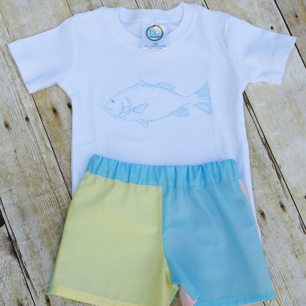 Color block cotton short set with embroidered fish shirt