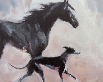 Lévrier et cheval - peinture originale