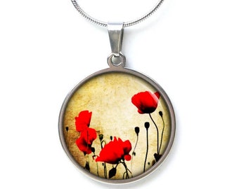 Collar de acero inoxidable con flores de amapola rojas - idea de regalo por Just Trisha