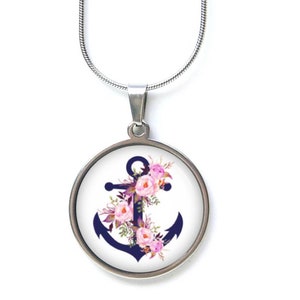 Ancora blu catena in acciaio inossidabile con delicate rose rosa - Maritim