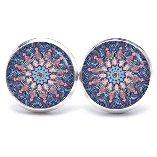 Boucles d’oreilles Boucles d’oreilles Earclips Motif Mandala Mosaïque en bleu et rose - différentes tailles - Idée cadeau Just Trisha