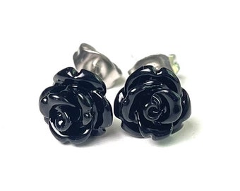 Boucles d'oreilles puces délicates roses noires - acier inoxydable - bijoux fleurs - idée cadeau Just Trisha