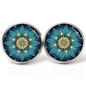 Orecchini a bottone clip mandala mosaico caleidoscopio turchese smeraldo oro - idea regalo Just Trisha