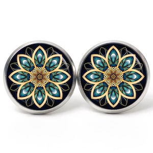 Orecchini a bottone, clip per orecchie, mandala mosaico caleidoscopio nero smeraldo oro - idea regalo Just Trisha