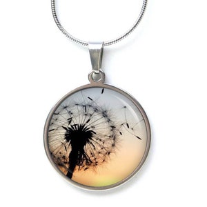 Collana in acciaio inossidabile con grande dente di leone al tramonto - idea regalo di Just Trisha
