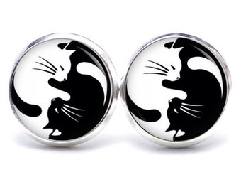 Stud earrings ear clips Yin Yang cats cat black white - different sizes