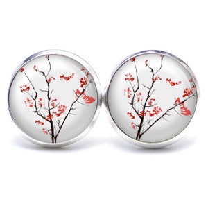 Stud earrings ear clips delicate Japanese flowers red