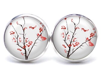 Stud earrings ear clips delicate Japanese flowers red