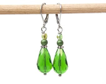 Stainless steel drip earrings with green glass cut bead