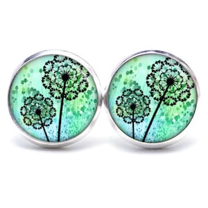 Stud earrings ear clips green dandelion, spring, various sizes