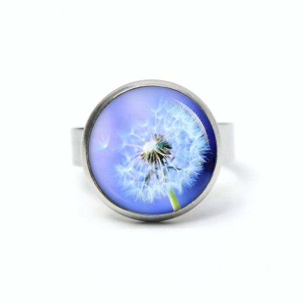 Stainless steel ring large blue dandelion – different sizes - Jewelry by Just Trisha