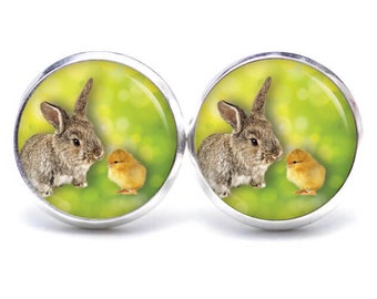 Boucles d'oreilles puces lapin de Pâques avec poussins, acier inoxydable, différentes tailles