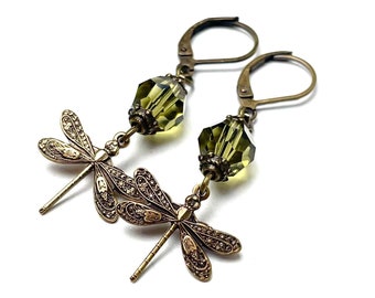 Bronze vintage earrings dragonfly with olive green cut glass bead - gift idea - handmade - Just Trisha