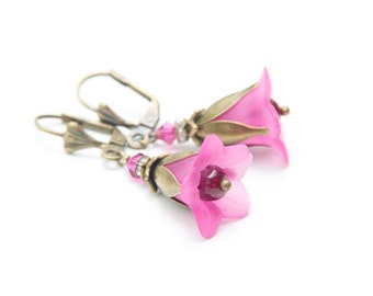 Pendientes de flores en rosa, bronce antiguo, romántico, boho, floral, primaveral