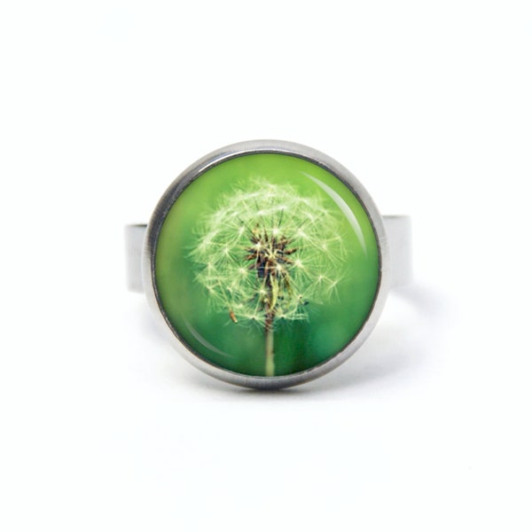 Stainless steel ring large green dandelion – different sizes - Jewelry by Just Trisha