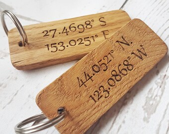 Engraved Coordinates Keyring Set - Personalised Oak Wood Keychain - Longitude Latitude Gift - Special Place GPS - Anniversary - Wedding Gift