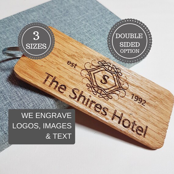 Personalised Large Wooden Keyring Custom Text Keychain Business Logo Company Address Hotel Work Small
