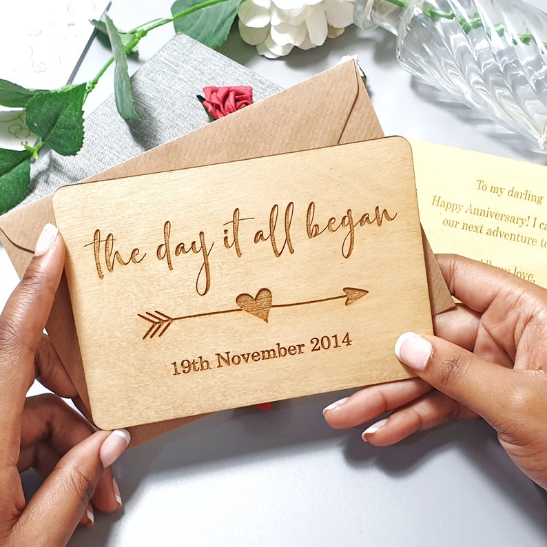 Engraved Date Wooden Anniversary Gift Personalised Wedding Anniversary Card Anniversary Card for Wife Husband 5th Anniversary present