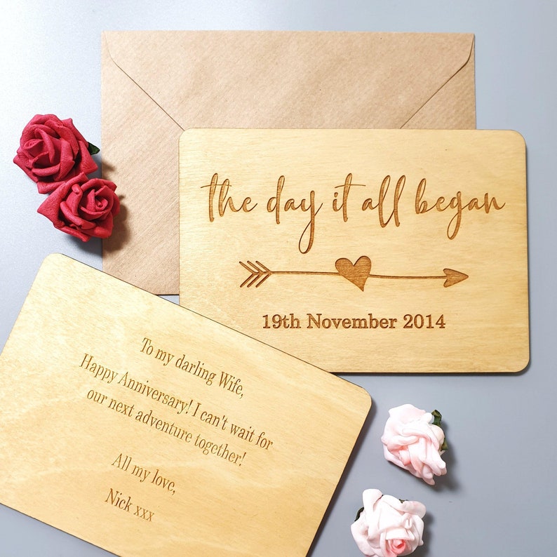 Engraved Date Wooden Anniversary Gift Personalised Wedding Anniversary Card Anniversary Card for Wife Husband 5th Anniversary present