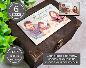 Wooden Photo Memory Box Organiser - Personalised Home Office Storage - Keepsake Box With Lock - Container with Lid - Make Up Jewellery Case