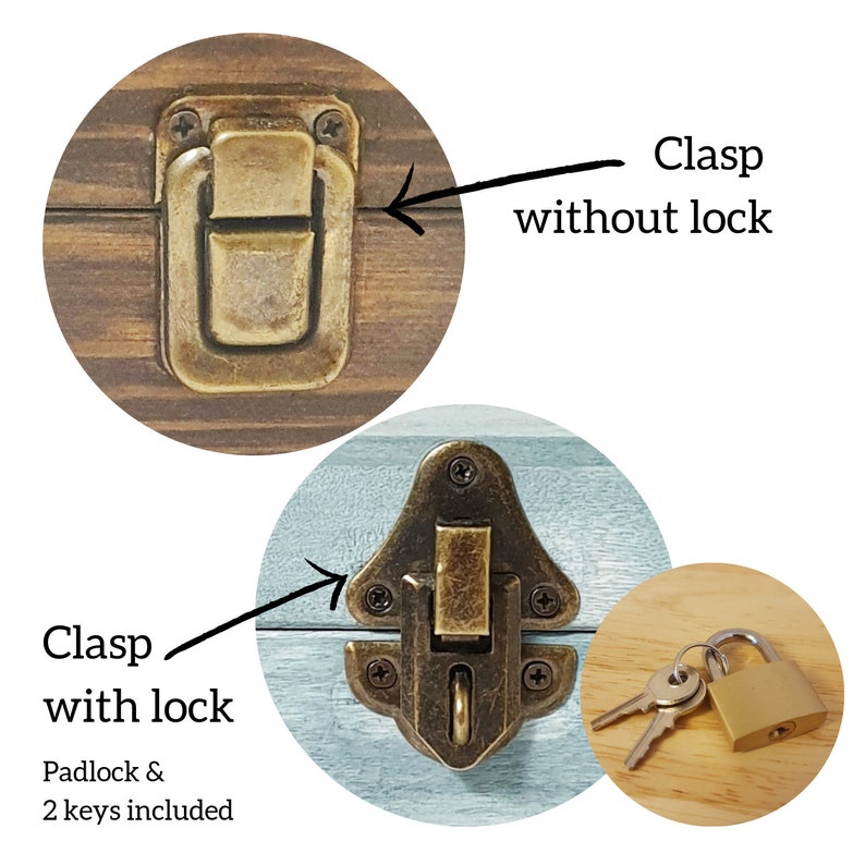 May include: Two wooden boxes with different clasps. One box has a brass clasp with a padlock and two keys. The other box has a brass clasp without a lock.  The text "Clasp with lock" and "Padlock & 2 keys included" is written below the box with the padlock. The text "Clasp without lock" is written above the box without the padlock.